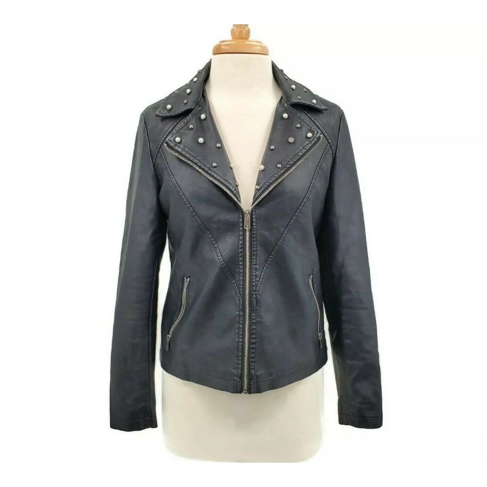 Baccini Womens Black Biker Moto Faux Leather Zip Up Jacket Size‎ S Embellished